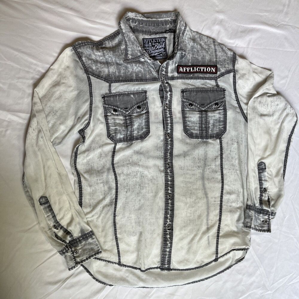 Mens X Large Affliction White Gray Premium Button Shirt Distressed, Thin, Bleach